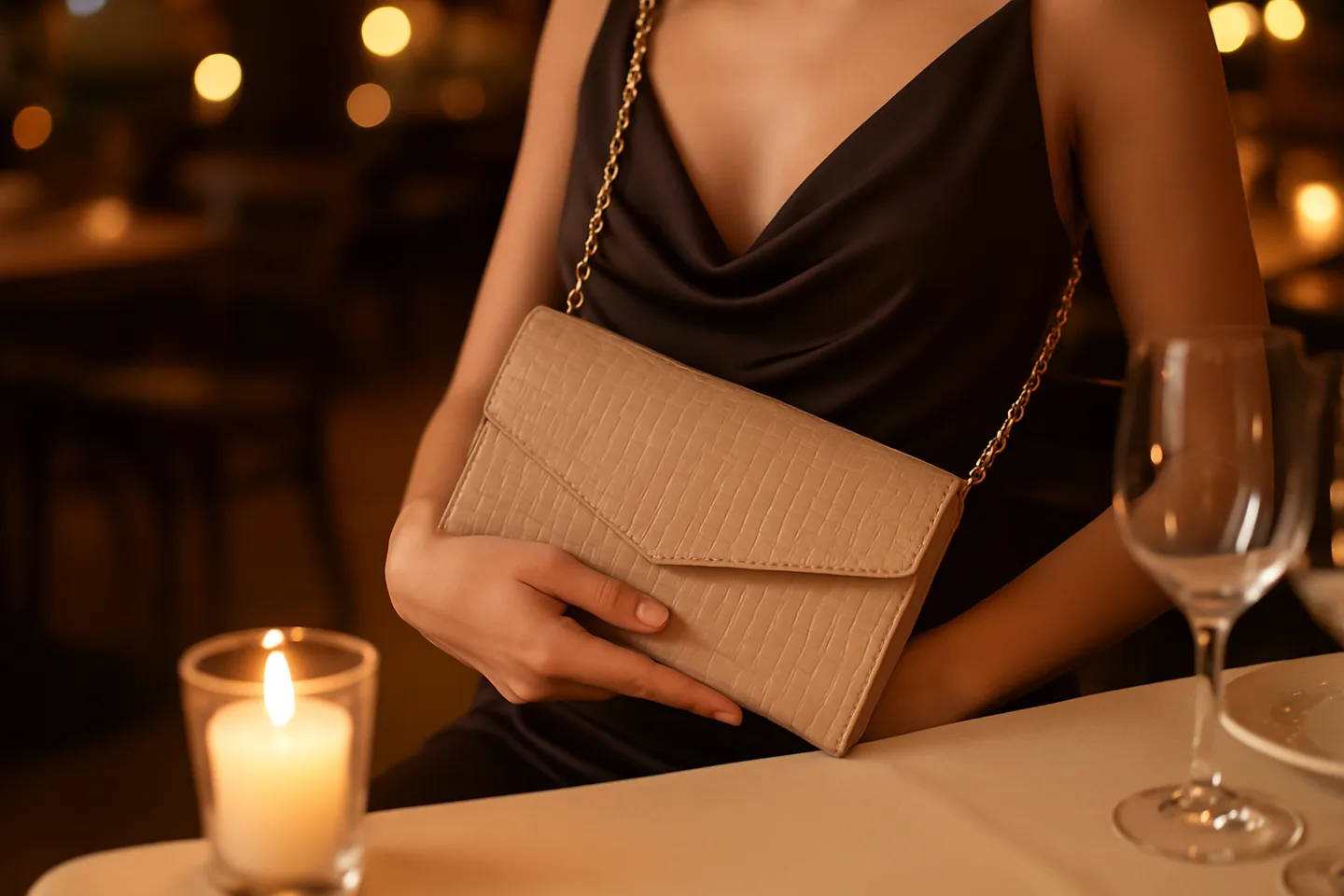 Mum ışıklı bir restoran masasında, şık bir elbiseyle elinde zincir askılı vizon renkli croco desenli zarf clutch çanta tutan kadın.